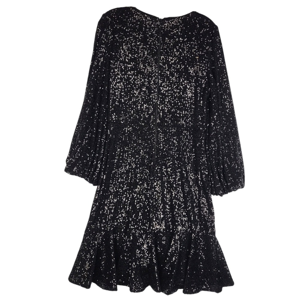 Eliza J Sequined Dress Women's 10 Black Faux Wrap Balloon Sleeves V Neck NWT - Picture 3 of 16